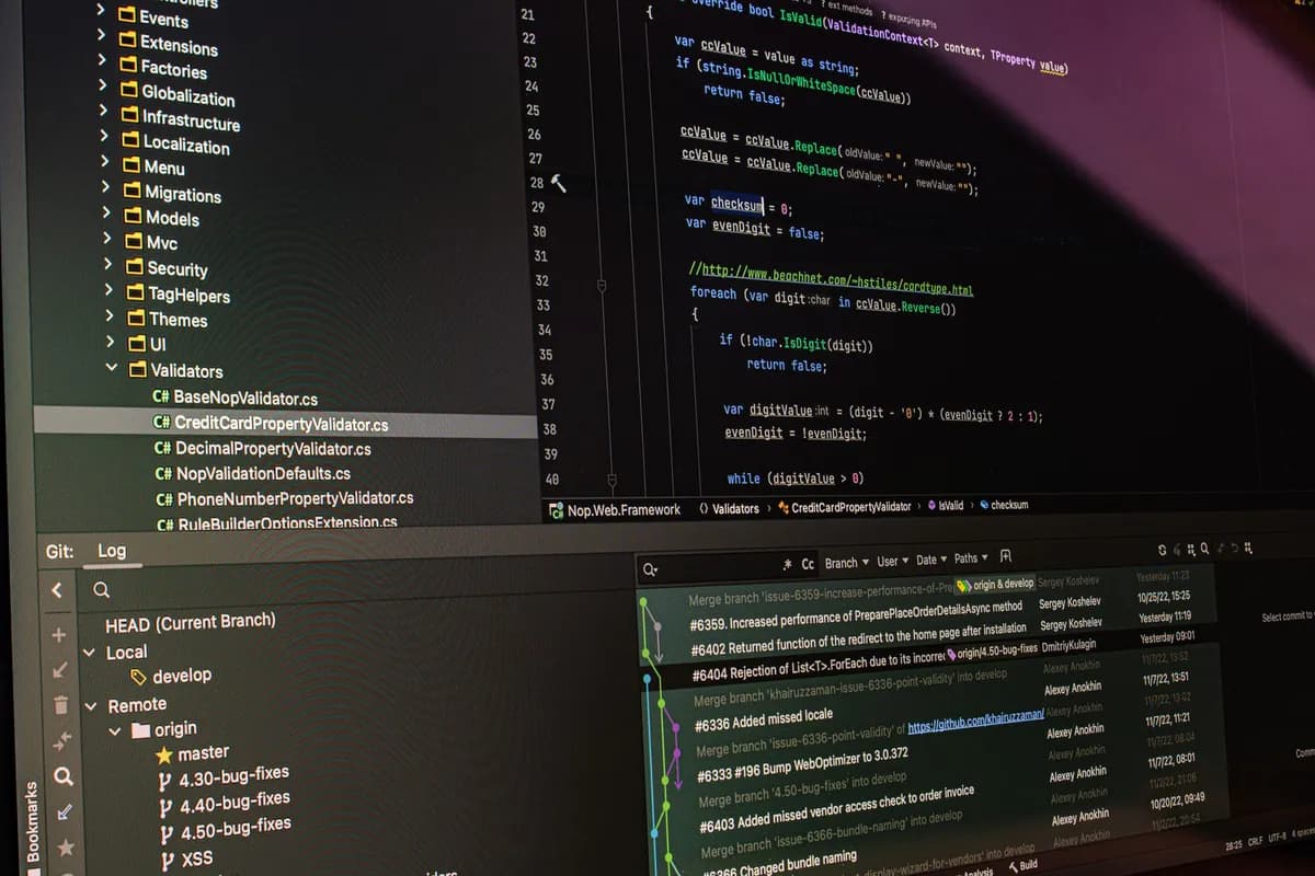 Enterprise application source code open in an IDE alongside version-control history